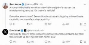 马斯克：人形机器人成本很低 还不到汽车的一半